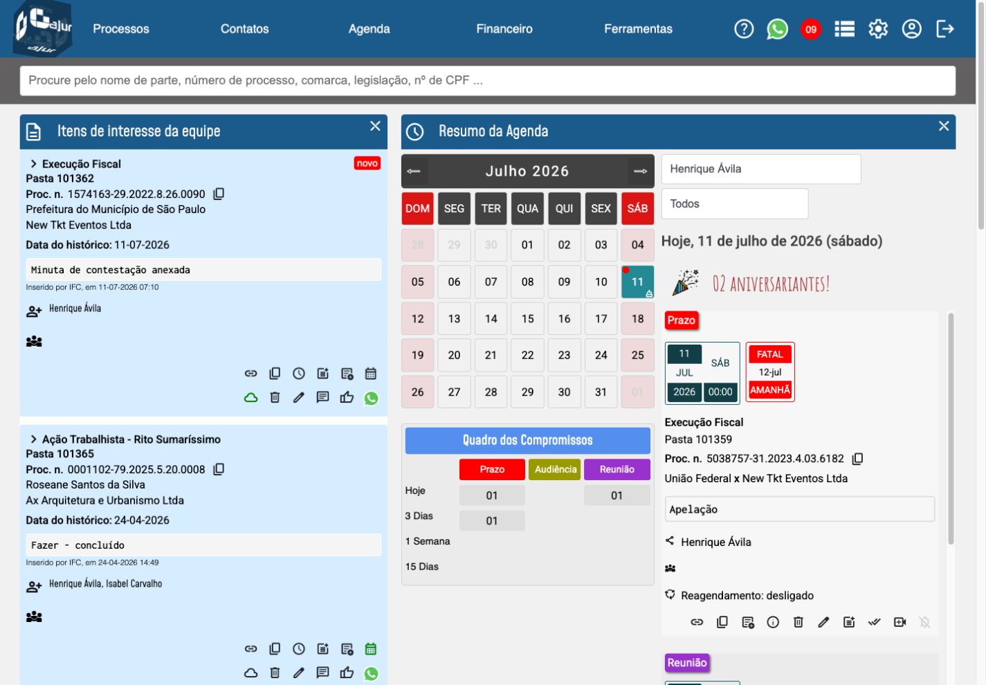 Dashboard do AJUR com minuta anexada, responsáveis, aniversariantes, prazo e reunião
